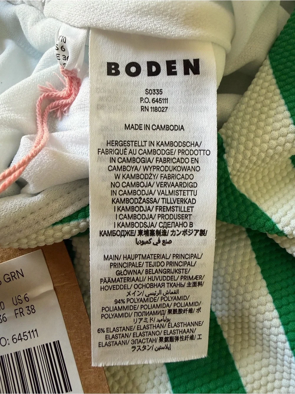 Boden Skinny Strap Stripe Green & White Swimsuit